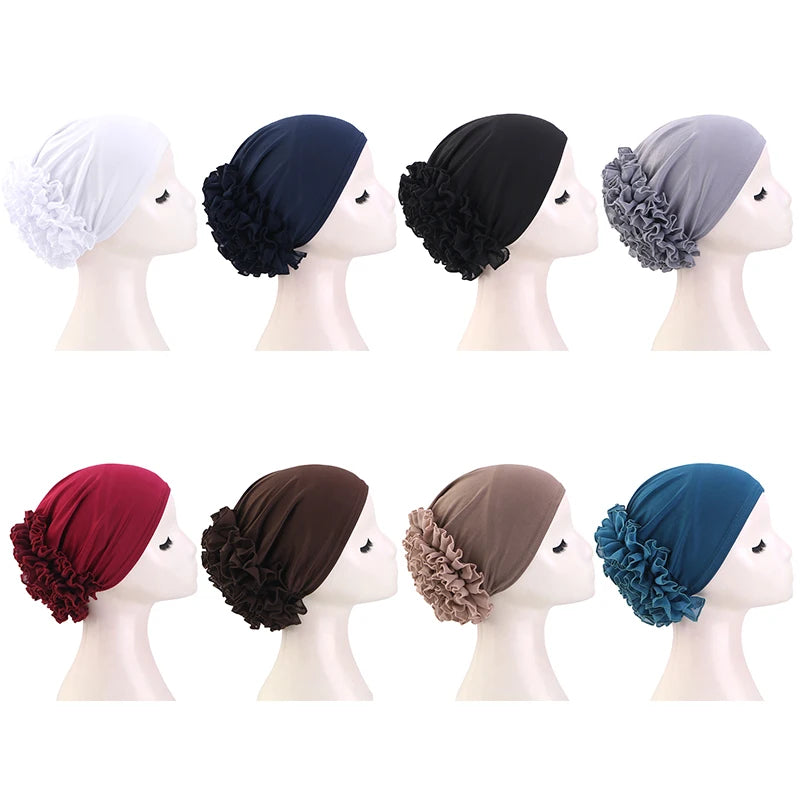 New breathable chiffon hat with large flowers Solid color thin bottom cap Islamic Head Wrap Women's elastic anti hair loss hat