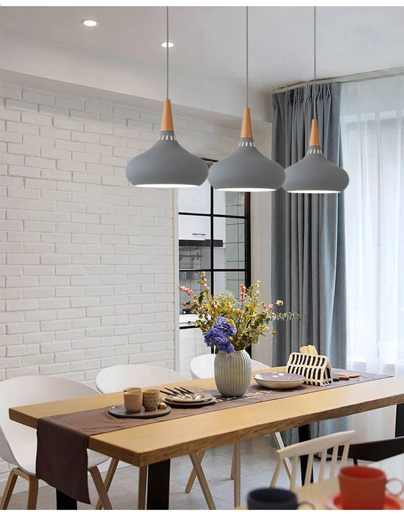 GEW Nordic Modern Funnel Pendant Light Wood Aluminum E27 Multi Color Hanging Lamp for Dining Kitchen Island Bedside