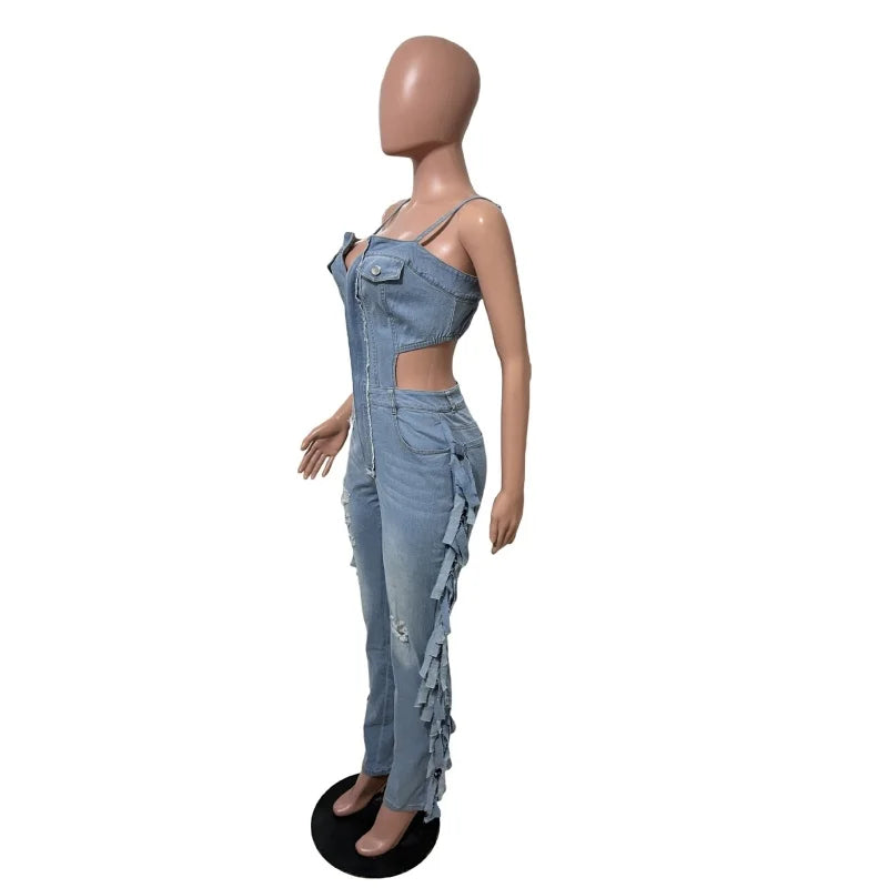 Slergiri Sexy Backless Spaghetti Strap Fringe Denim Jumpsuit Women Fashion New 2026 Summer Zipper Front Ripped Jeans Jumpsuit