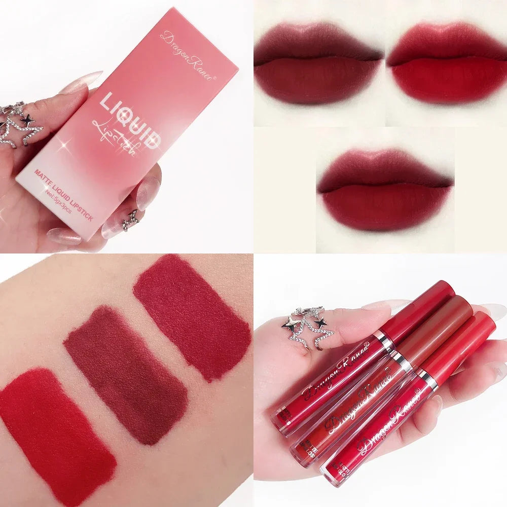 3Pcs Sexy Liquid Lipstick Set Matte Velvet Lip Gloss Bean Paste Lip Glaze Moisturize Long Lasting Lip Tint Makeup Cosmetic Kit