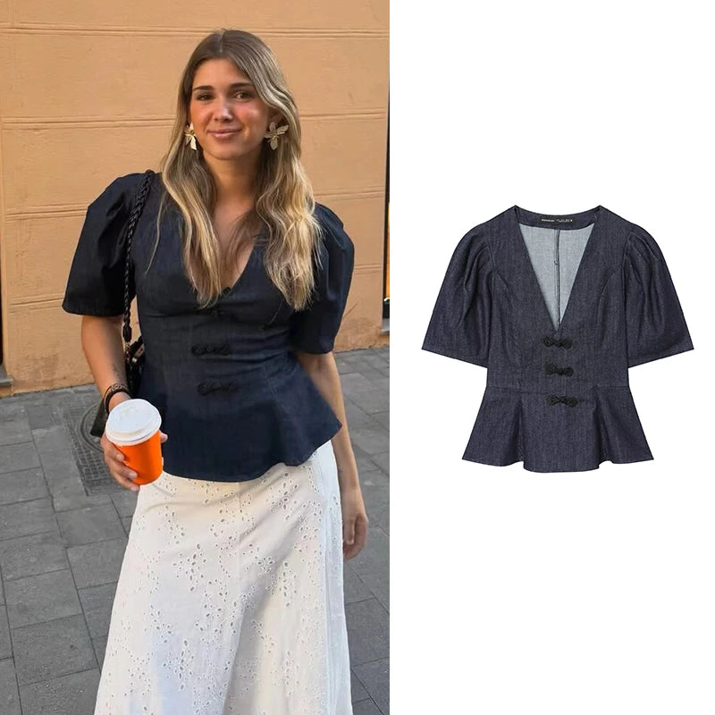 Denim Women's Shirts Blouse 2026 Summer New Fashion Slim V-neck Blouses Women's Summer Chic Travel Holiday Youth Shirts Tops