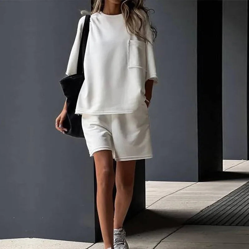 Women Two Piece Sets Short Sleeve Round Neck Loose T-shirts+Wide Leg Shorts Summer Female Sports Outfits Casual Loose Tracksuit