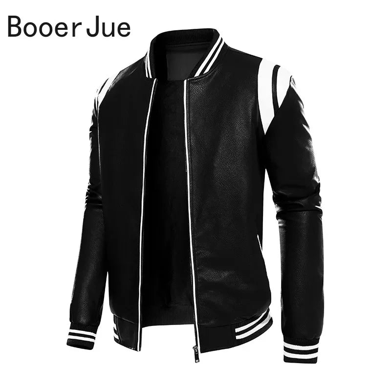 Motorcycle Men Leather Jacket Patchwork Biker Coat Motorcycle Jackets Mens Winter Casual Fleece Warm Coats Stripe Loose Outwear
