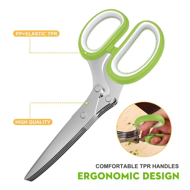 Herb Scissors Stainless Steel 5 Blade Kitchen Shears Household Vegetable Cutter with Cover Multifunctional Kitchen Gadgets
