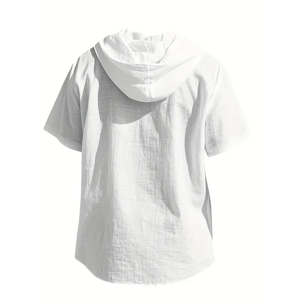 Cotton Linen Shirt for Men Hooded Short Sleeve Solid Color Breathable Lightweight Drawstring Design Shirts Casual Basic Tees