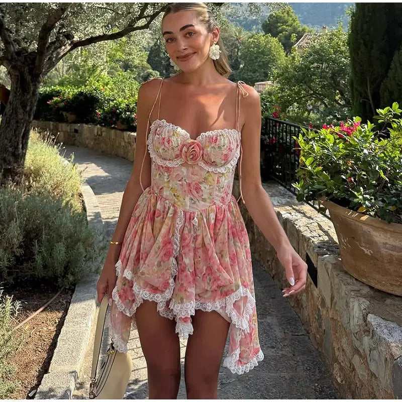 Sexy Print Spaghetti Strap Dresses Women's Sweet Sleeveless Backless Lace-up Puffy Mini Dress 2026 Summer Waist-cinching Gowns