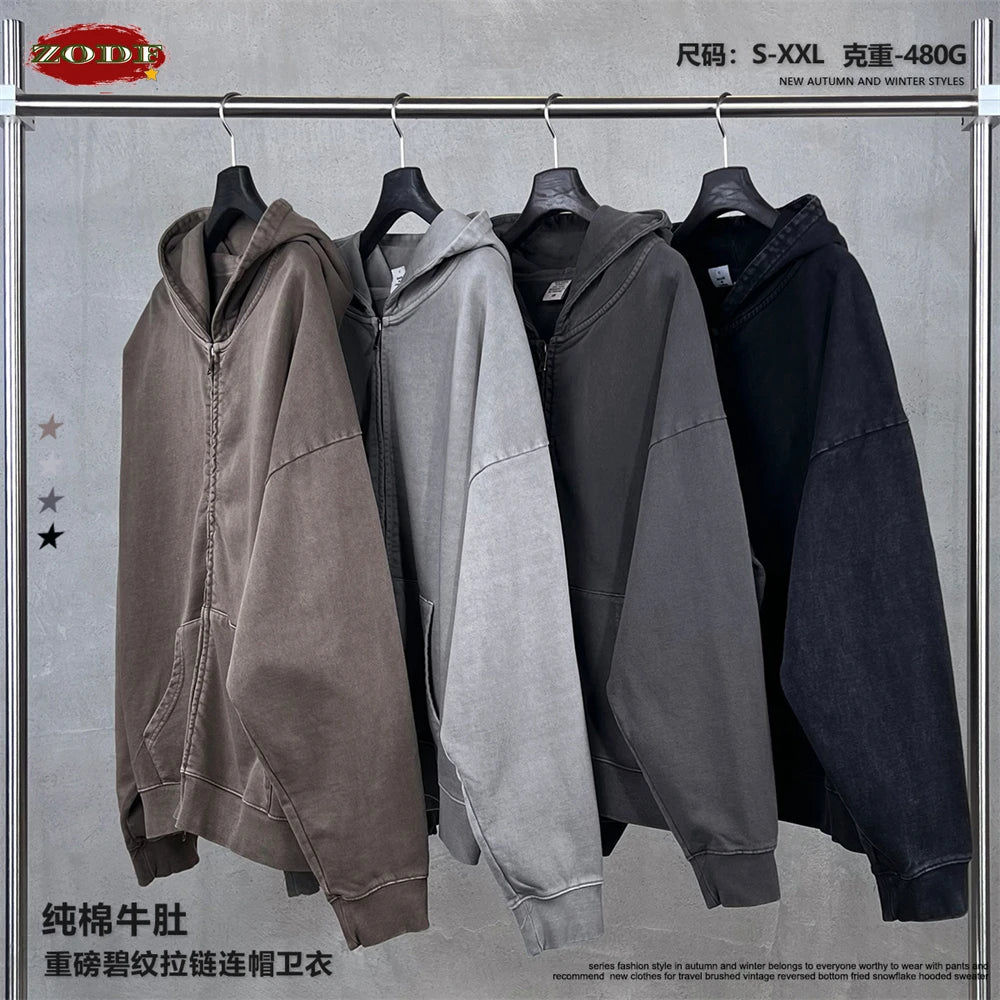 ZODF 2025 Autumn Men Heavy Weight 480gsm Hoodies Unisex Retro Washed Terry Cotton Distressed Hooded Coats HY1110