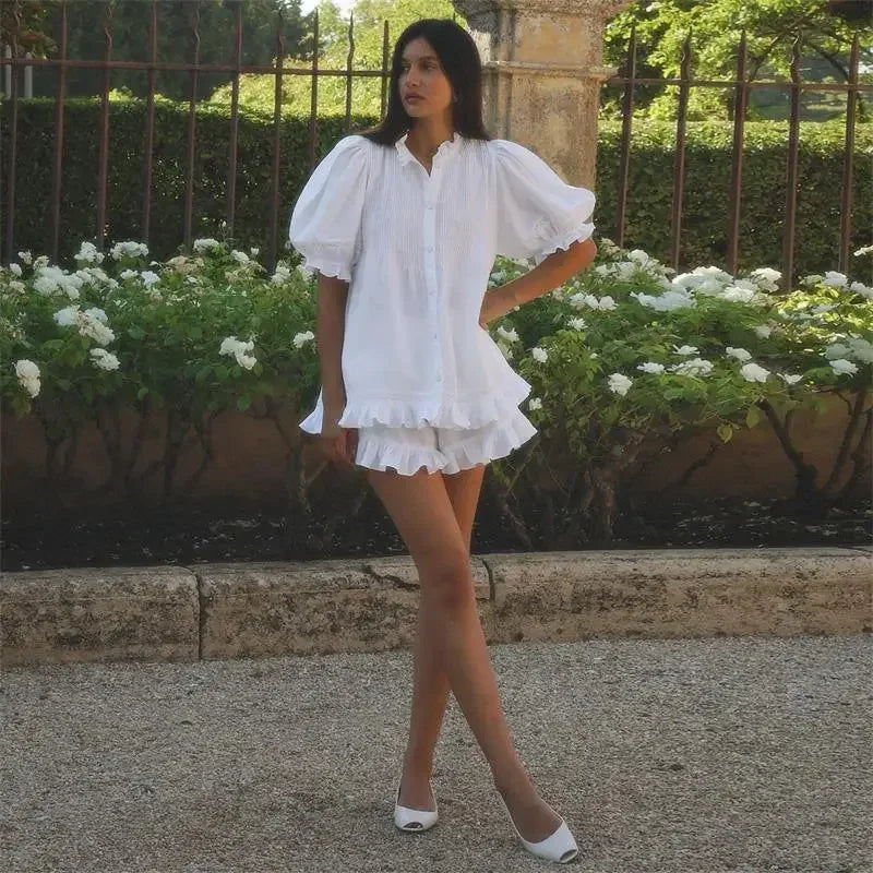 Casual Print Women Shorts Set Ruffles Puff Sleeve Button Top Empire Elastic Waist Pants 2026 Summer Autumn Beach Lady Outfit New