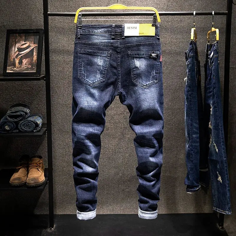 Elastic Fashion Jeans Men Ripped Vintage Slim Denim Pants Hip Hop Distressed Frayed Fashion Men's Clothing Pants