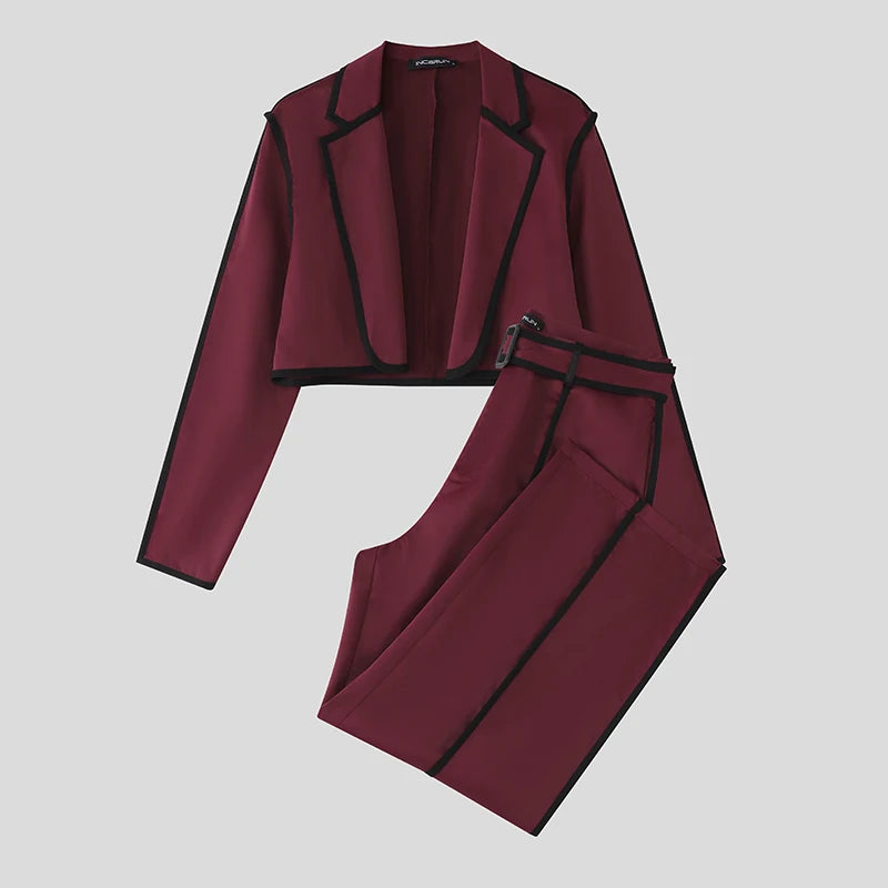INCERUN Men Sets Patchwork Autumn 2025 Lapel Long Sleeve Crop Blazer & Pants Two Pieces Sets Streetwear Loose Fashion Men Suits