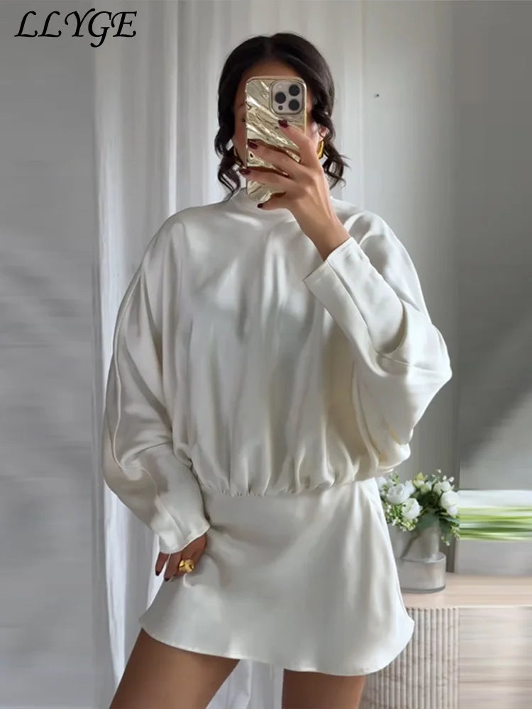 Elegant Lace Up Satin Short Dress Women Pleated Half High Collar Long Sleeve Female Dresses 2025 Autumn Lady Evening Robes