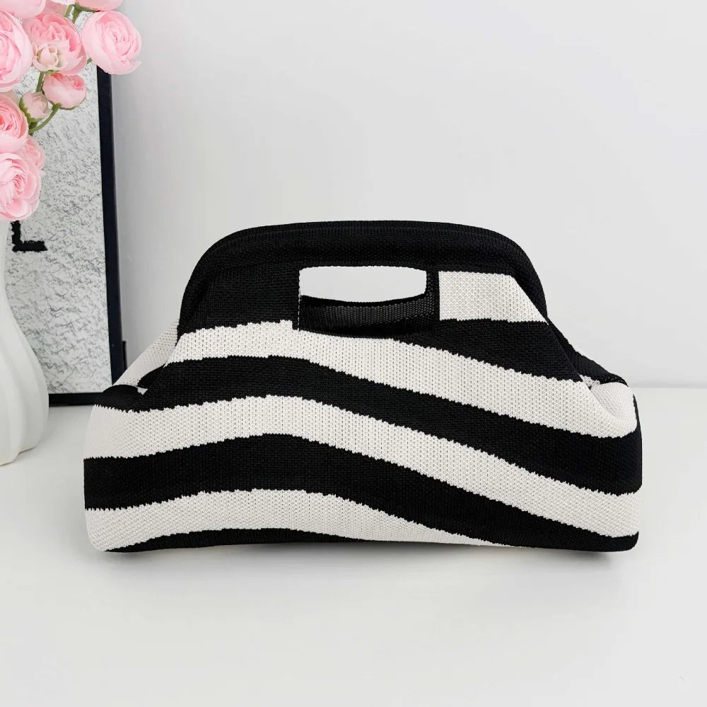 New Woven Bag Hollow-Out Striped Knitted Handbag Fly-Knitted Cloud Versatile Portable Cosmetic Bag