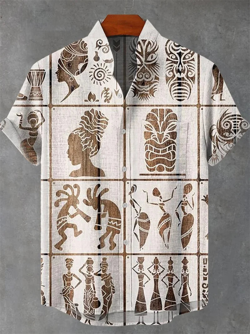 Men's Vintage Art Shirt Vintage Abstract Geometry World Tree Print Short Sleeve Linen Casual Shirt Men's Holiday