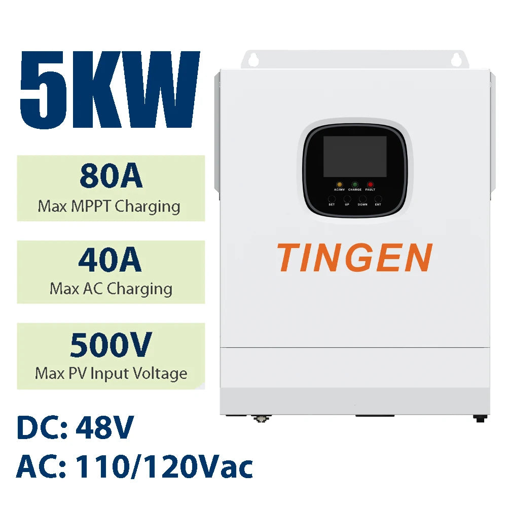 5KW Hybrid Solar Inverter 48VDC to 110VAC with 80A MPPT Controller 120-500V PV Input Pure Sine Wave Inverter for Home Solar System