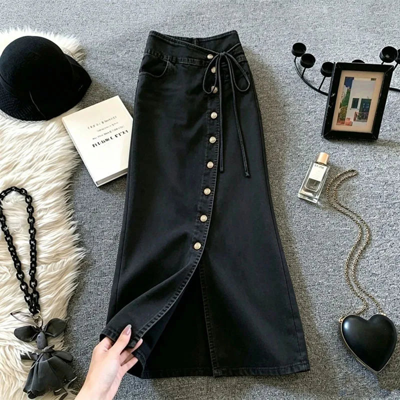 Side Slit Denim Long Skirts Womens Summer Vintage Floral Embroidery Jeans Pencil Skirt Bandage High Waist Women Long Skirt
