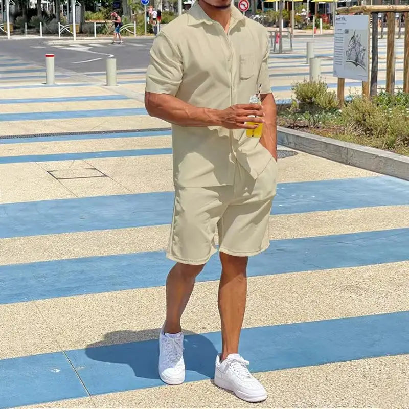 2026 Men's Summer Solid Casual Sets Comfy Cotton Linen Short Sleeve Lapel Shirt and Shorts Two Piece Sets Men Loose Sport Outfit