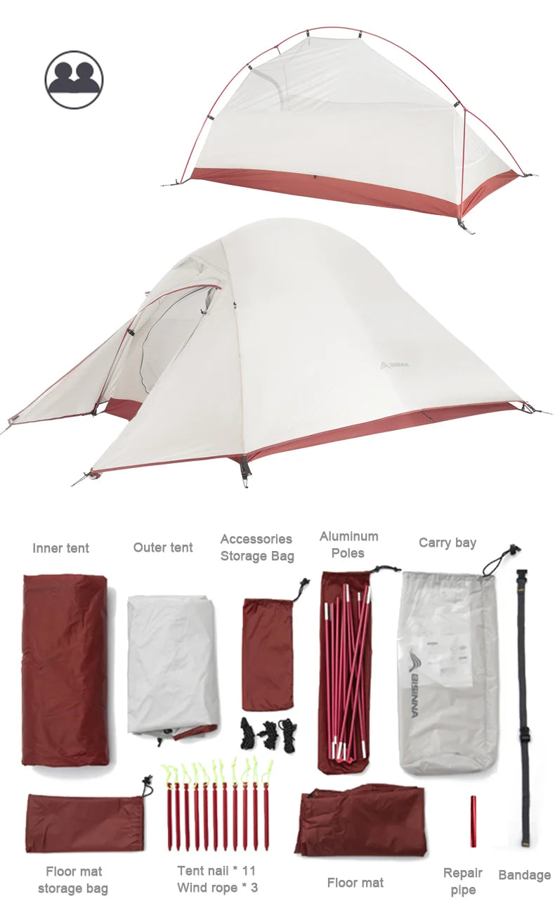 BISINNA Ultralight Camping Tent Backpack Tent 20D Nylon Waterproof Outdoor Hiking Travel Tent Cycling Tent 1-2 Person