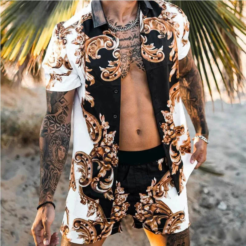 2024 Summer Men's Fashion Leopard Print Short Sleeve Shirt And Shorts Set Beach Style T Shirt Breathable Shorts Two Piece Set
