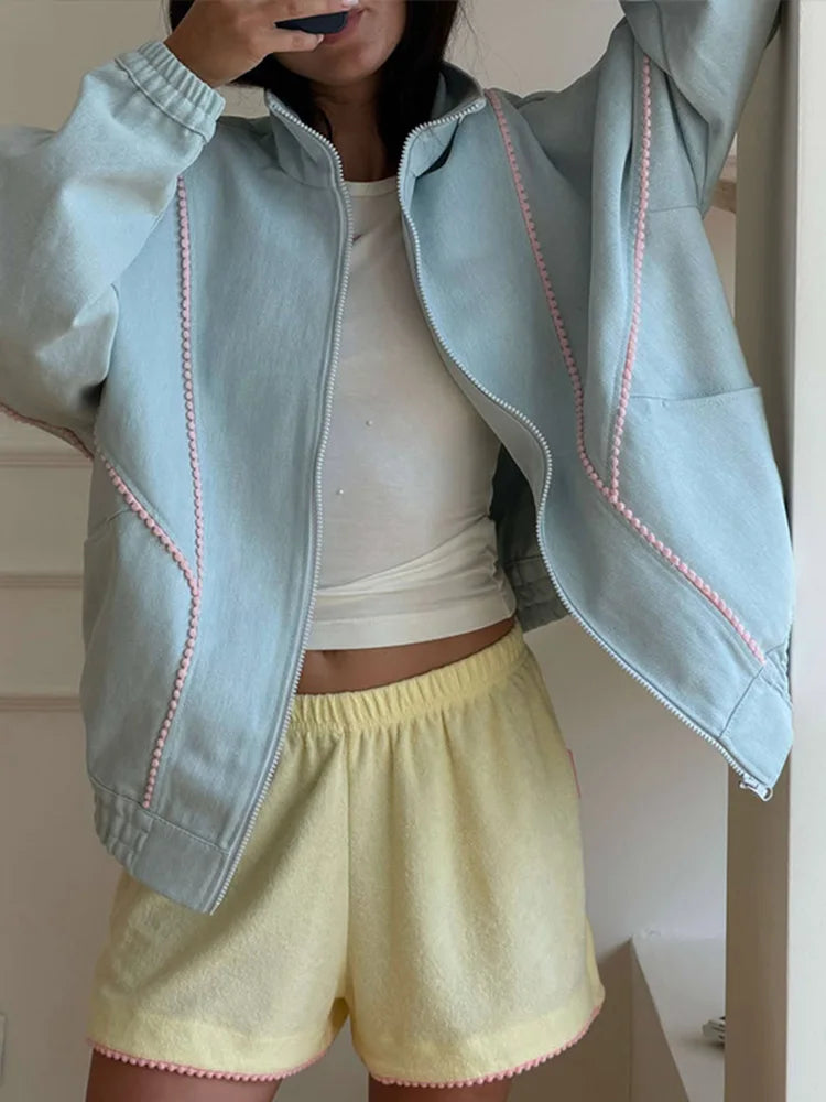 Polka Dot Cropped Windbreaker Jacket, Contrast Pink Seam Piping Side Pockets Loose Outerwear 2026 Autumn Street Daily Lady Coat