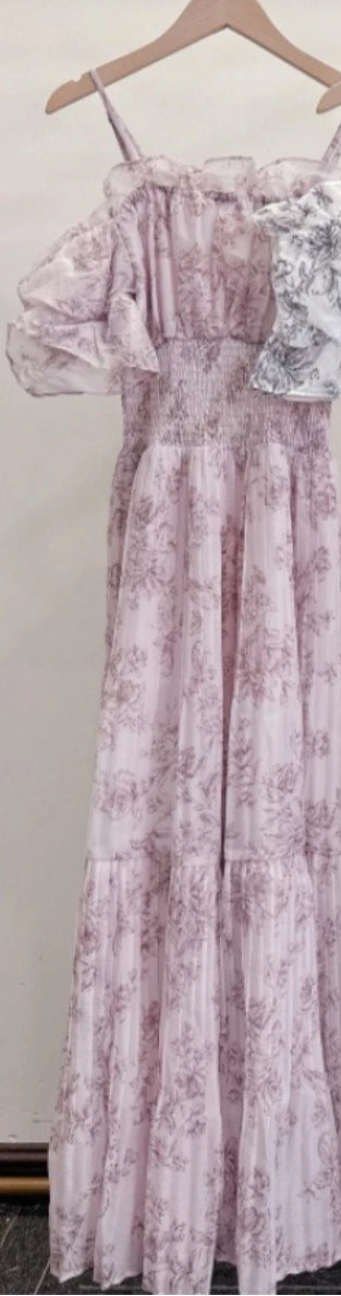 Kuzuwata Fairy Lovely Mesh Ruched Patchwork Robe Mid-length Puff Sleeve Off Shoulder Slim Mujer Japan Print Pleated Fresh Dress