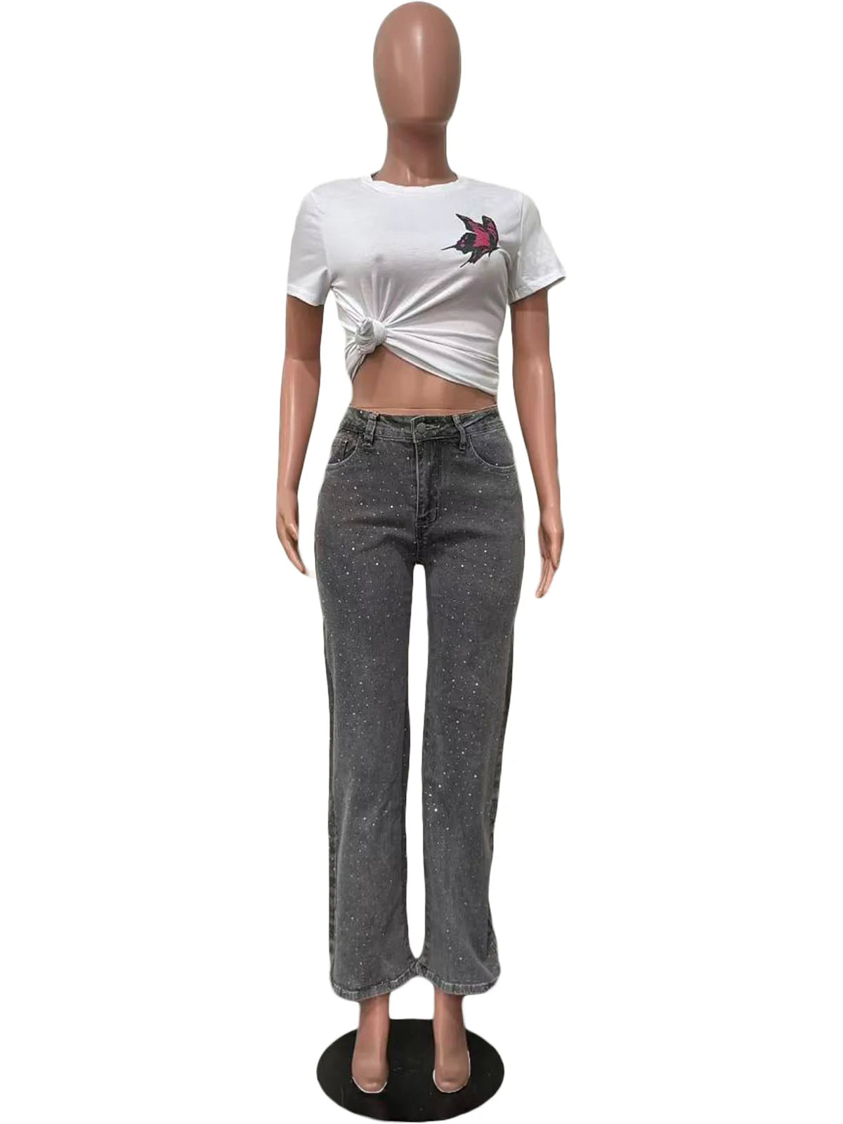 Women's Outfit Featuring Diamond-studded Washed Denim Pants Women's High-waisted Straight-leg Pants, and "hot Girl" Style Pants.