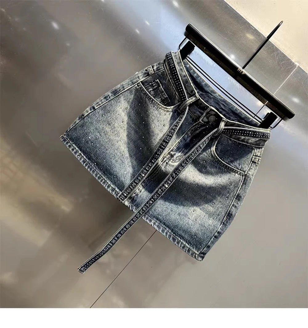 Oversize Retro Diamond Denim Mini Skirt for Women Summer High Waist Shiny Rivet Slim Skirts Gradient Black Grey Jean Skirts