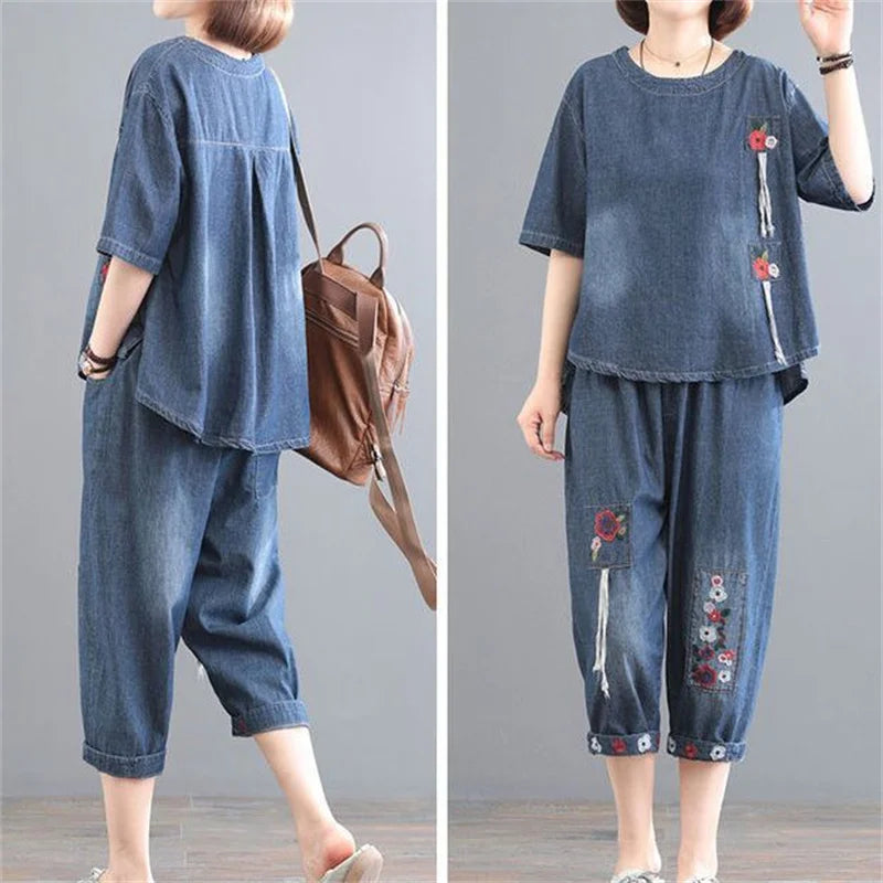 Women Denim Set Female Jeans Two Piece Set 2025 New Spring Summer Thin Korean Loose Cowboy Pants 2 Piece Set Large Size 2PCS