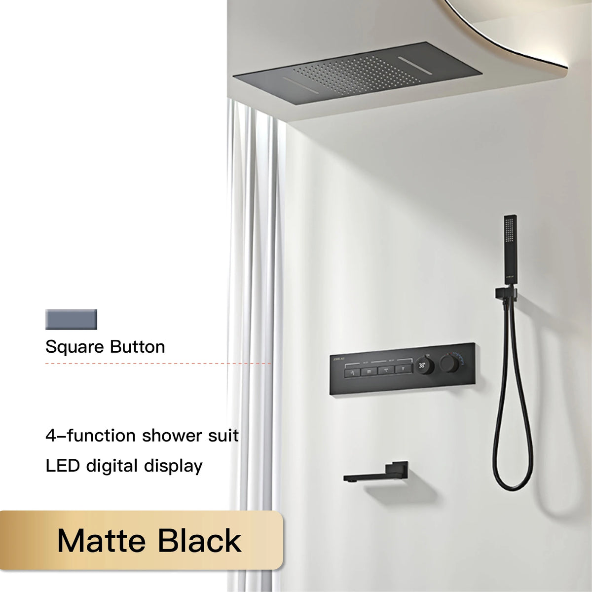Luxury Black Brass Shower System, Wall Mounted Led Digital Display, Cold Hot Dual Control, Four Function Ceiling Shower Tap