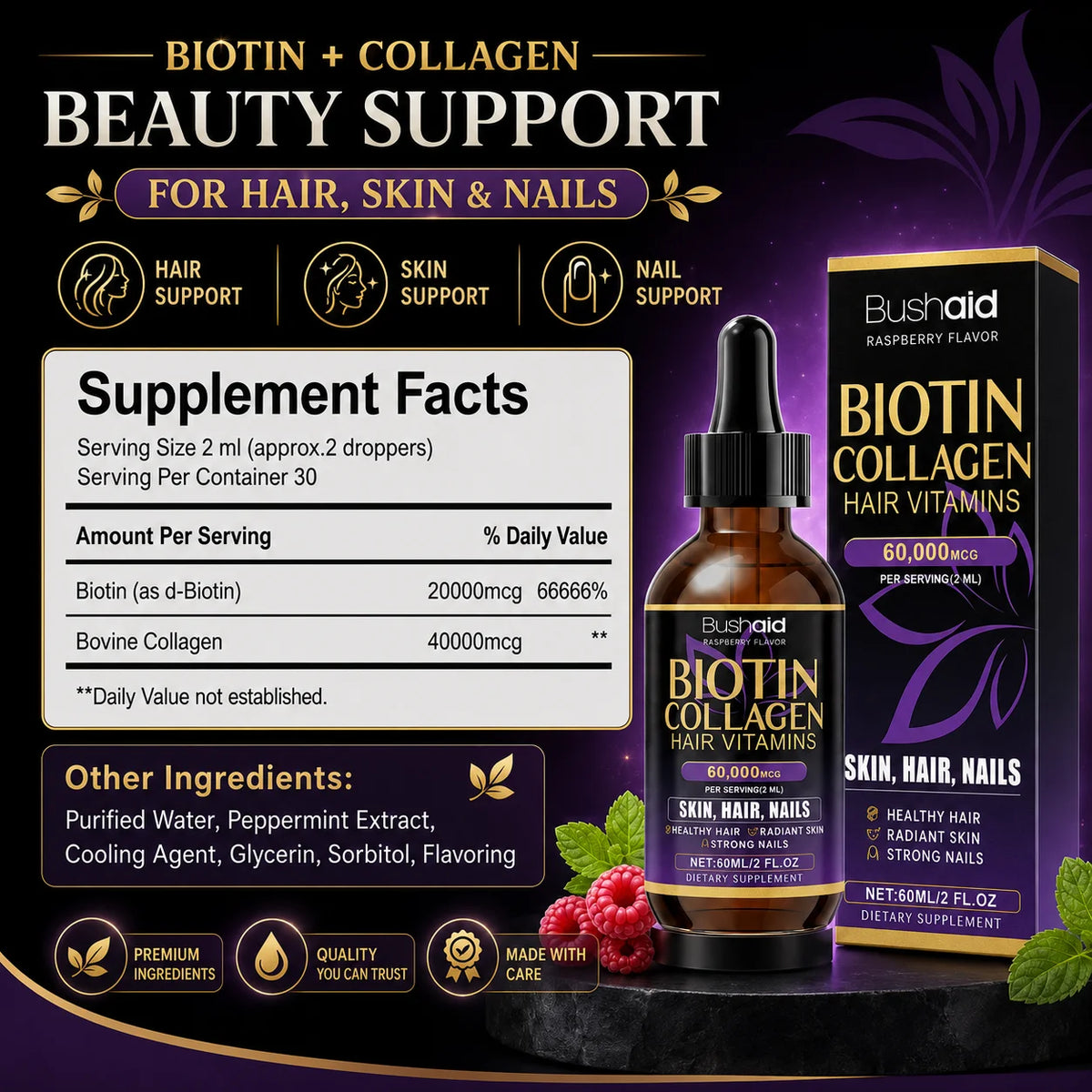 BushAid Biotin Collagen Hair Vitamins Liquid Drops Supports Strong Hair Structure and Helps Maintain Nail Toughness 60ml