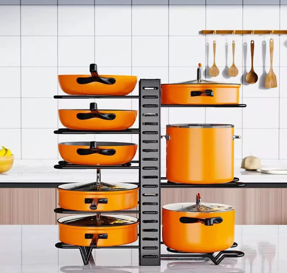 HTMCK Space-Saving 8-Tier Pot Rack Organizer - Durable Metal Holder for Pans, Pots, and Lids to Keep Your Kitchen Neat and Tidy