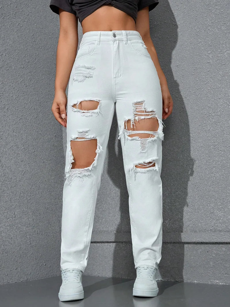 Women's High Waist Ripped Denim Jeans with Distressed Knee Holes and Straight Leg Fit for Casual Streetwear Fashion
