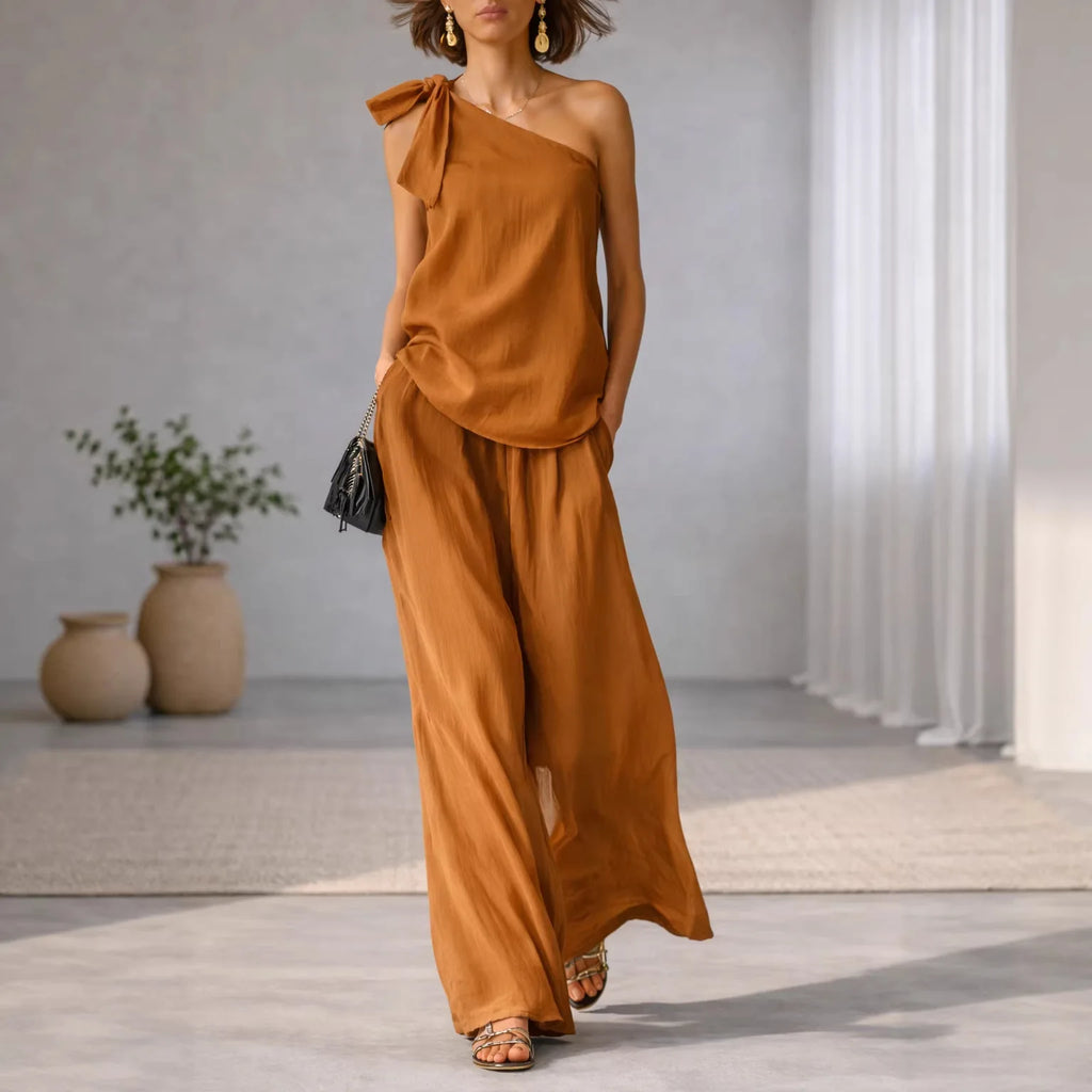 Summer Sexy Off Shoulder Tank Tops And Wide Leg Pants Two Piece Sets Casual Loose Solid High Waist Pants Sets Lace Tops Outfits