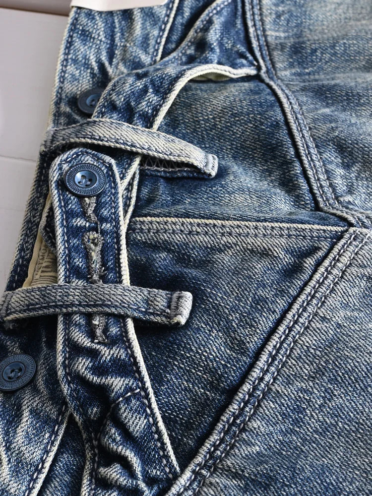 Heavyweight 100% Cotton Relaxed Straight Denim Jeans Vintage Washed & Distressed American Casual Pants for Men Amekaji Retro