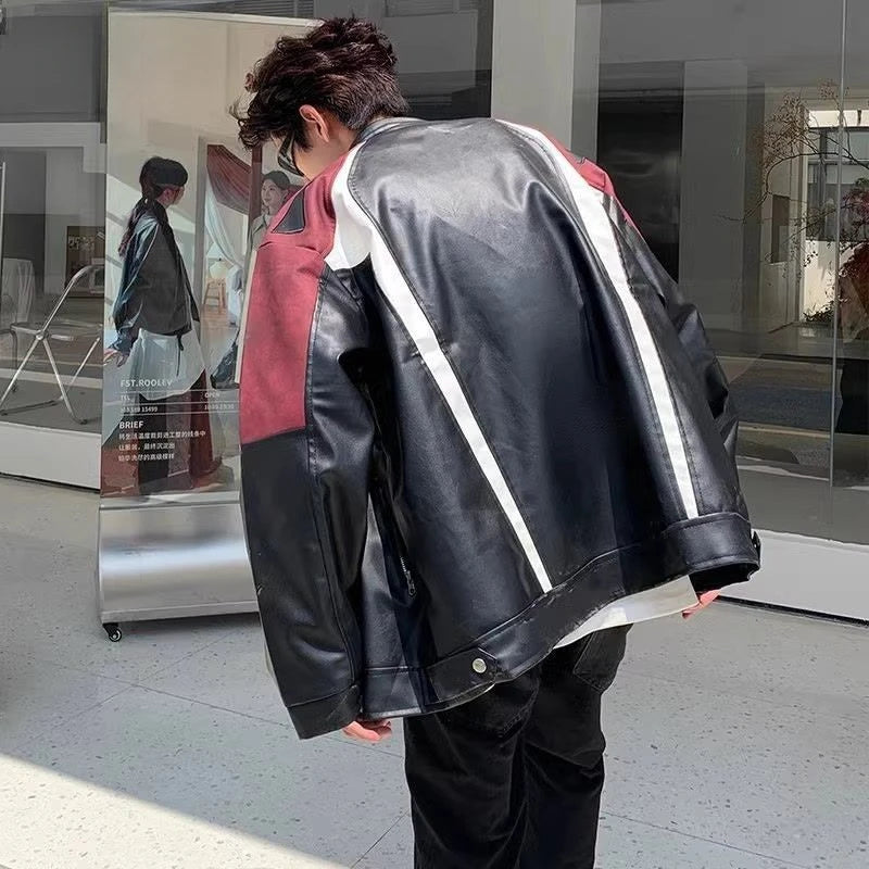 American Retro Motorcycle Jacket Men Women's High Street Spring Autumn Contrasting Color Splicing Design Handsome Bomber Coat
