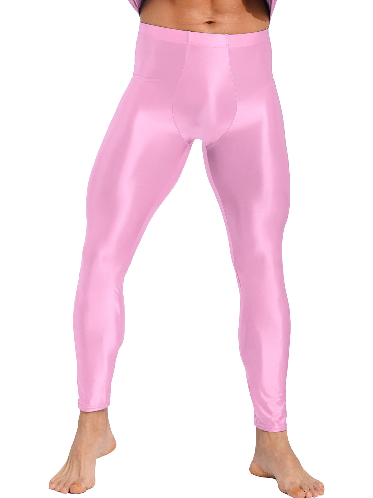 Men Elastic Waistband Skinny Shiny Yoga Tights Pants Solid Color Leggings Exercise Running Gym Fitness Training Sportswear