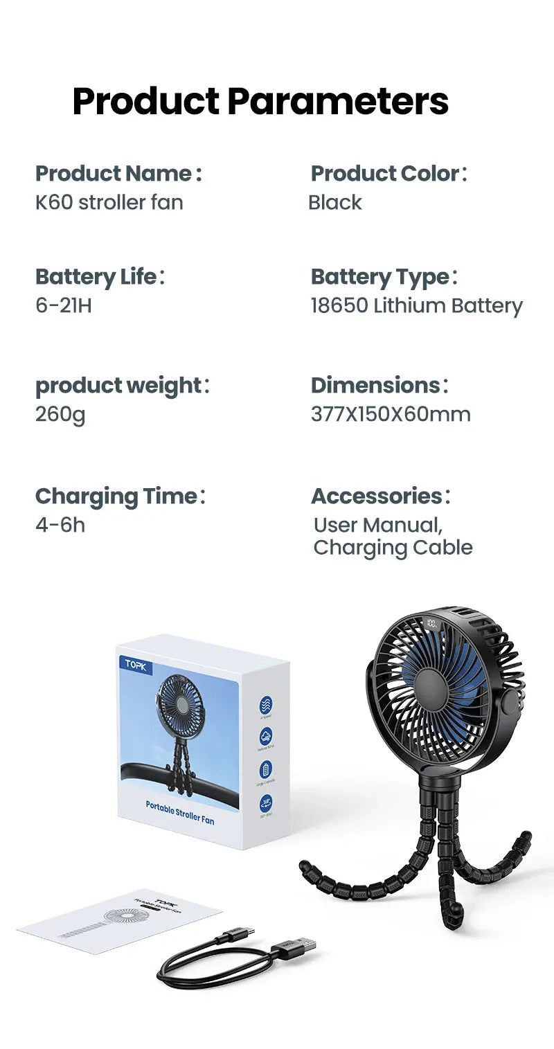 5000mah Stroller Portable Mini Fan USB Rechargeable Outdoor Electric Fan 4 Gear Speed 360°Degree Rotata & Digital Display