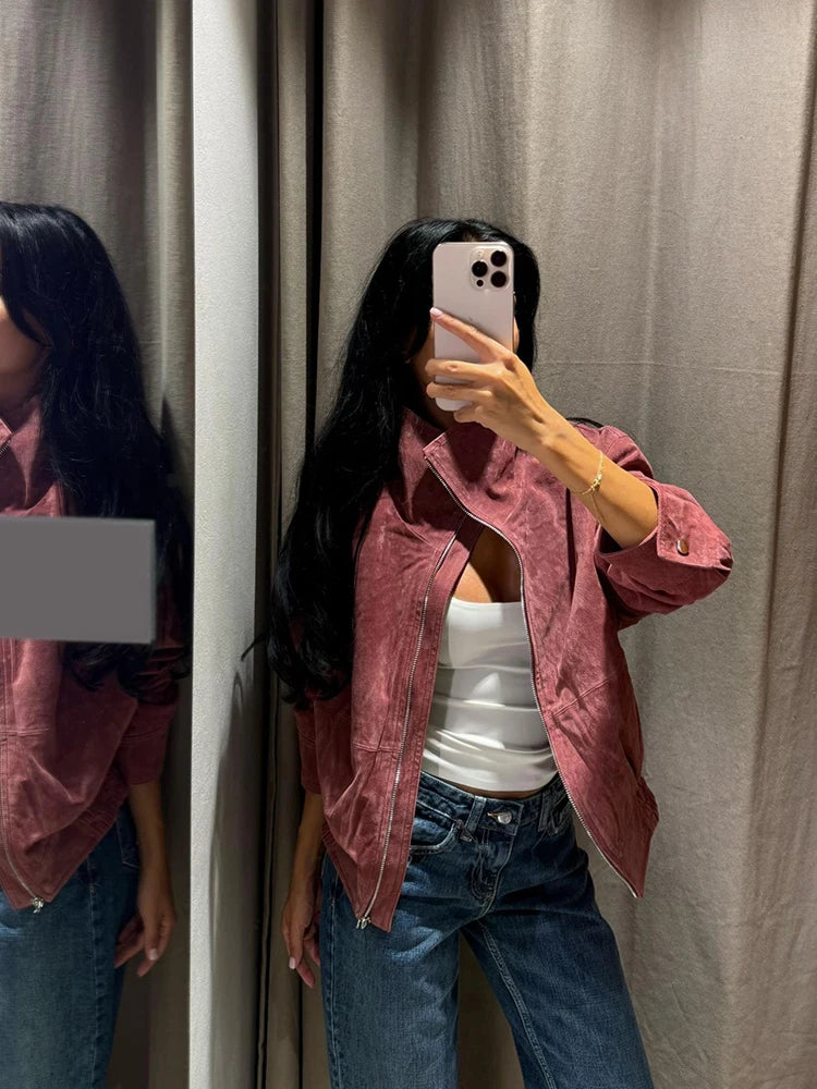 Women Dusty Faux Suede Bomber Jacket Stand Collar Zip Up Loose Drop Shoulder Elastic Hem Casual Fall Outerwear 2026 Fashion Coat