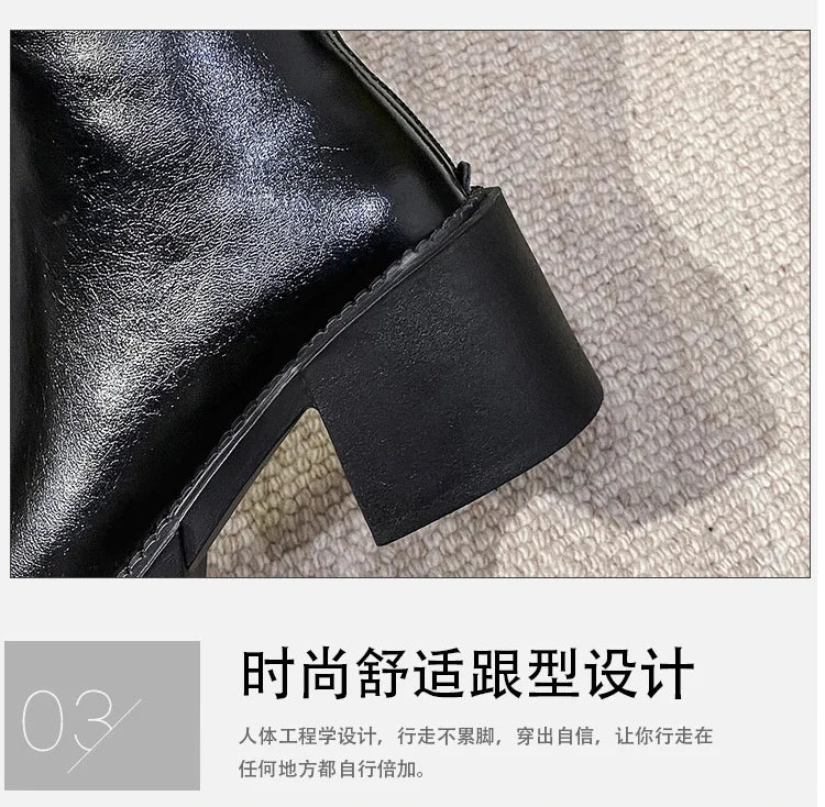 Winter Knee High Brown Long Boots Comfort Square Heel Zip Belt Buckle Platform Boots for Women  Plush Edge Warm Gothic Shoes