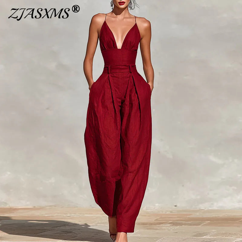 Elegant Sexy V-Neck Spaghetti Strap Jumpsuit Women High Waist Wide Leg Casual Romper Spring Boho Solid Backless Pockets Overalls