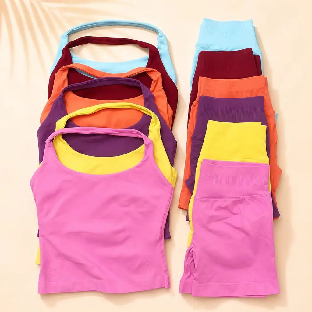 Women Halter Neck Workout Set Seamless Tank Top High Waist Leggings Yoga Gym Fitness Sportswear 2PCS Set