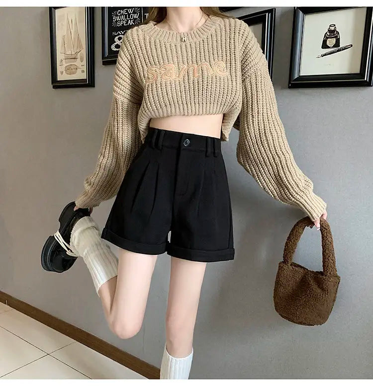 Women Office Lady Summer 2025 Solid Brown Thick High Waist Shorts Korean Style Wide Leg Boot Pants