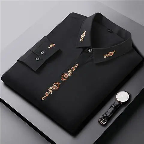 Smart Casual Embroidery Long Sleeve Shirt Tops Spring Autumn Polo Neck Loose Plus Size Vintage Blouse Fashion Trend Men Clothing