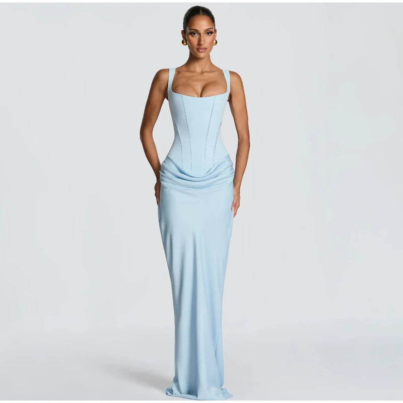 Solid Pleated Sling Dress Women Square Neck Sleeveless Backless Waist Cinching Bodycon Dresses Lady Summer Evening Party Gowns