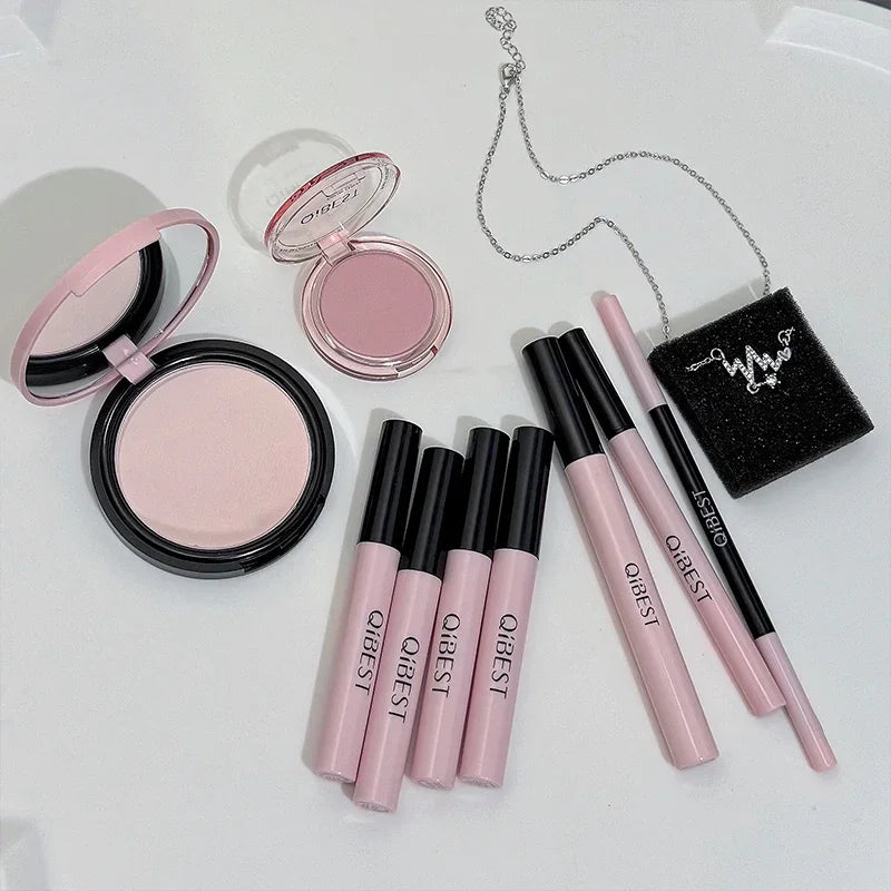 Multipurpose Makeup Set 4PC Liquid Lipstick,1 Pressed Powder,1 Face Blush,1 Eyeliner,1 Mascara,1 Eyebrow Pencil Korean Cosmetics
