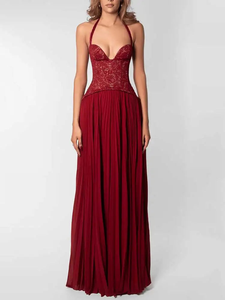GACVGA Elegant Corset Halter Pleated Maxi Dress Women Back Lace-up Patchwork Slim Lady Gown Club Party Evening Long Dress