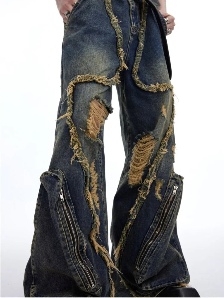 American Fashion Wornout Splicing Burr Edge Design Street Denim Pants Men 2026 New Trendy Personalized Original Male Jeans Y2K