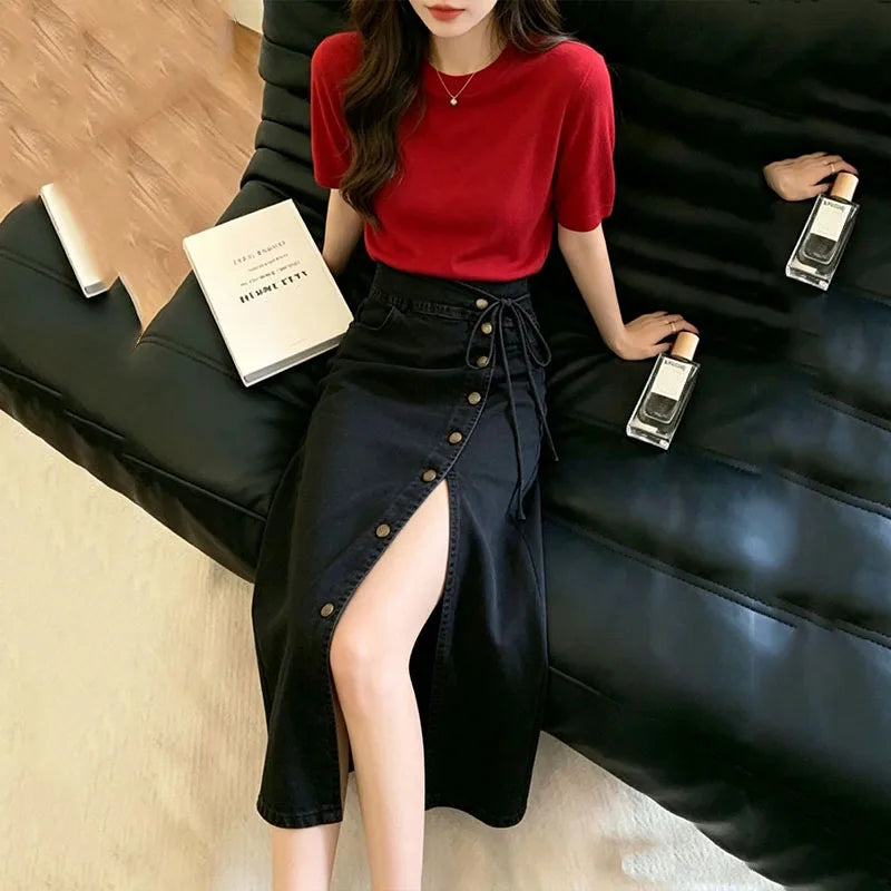 Side Slit Denim Long Skirts Womens Summer Vintage Floral Embroidery Jeans Pencil Skirt Bandage High Waist Women Long Skirt
