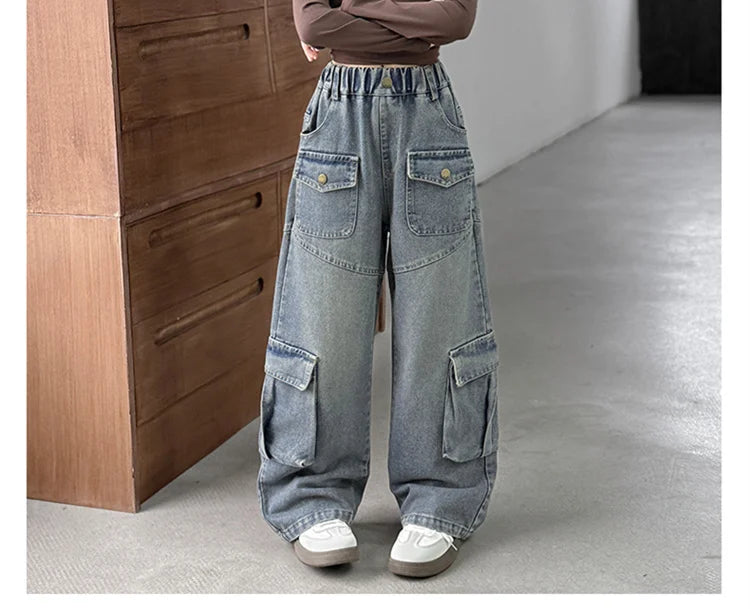 Elegant Fashion Kids Children Cargo Jeans Pants with Multi Pocket for Teenage Girls Loose Straight Casual Denim Trousers 5-14 Y