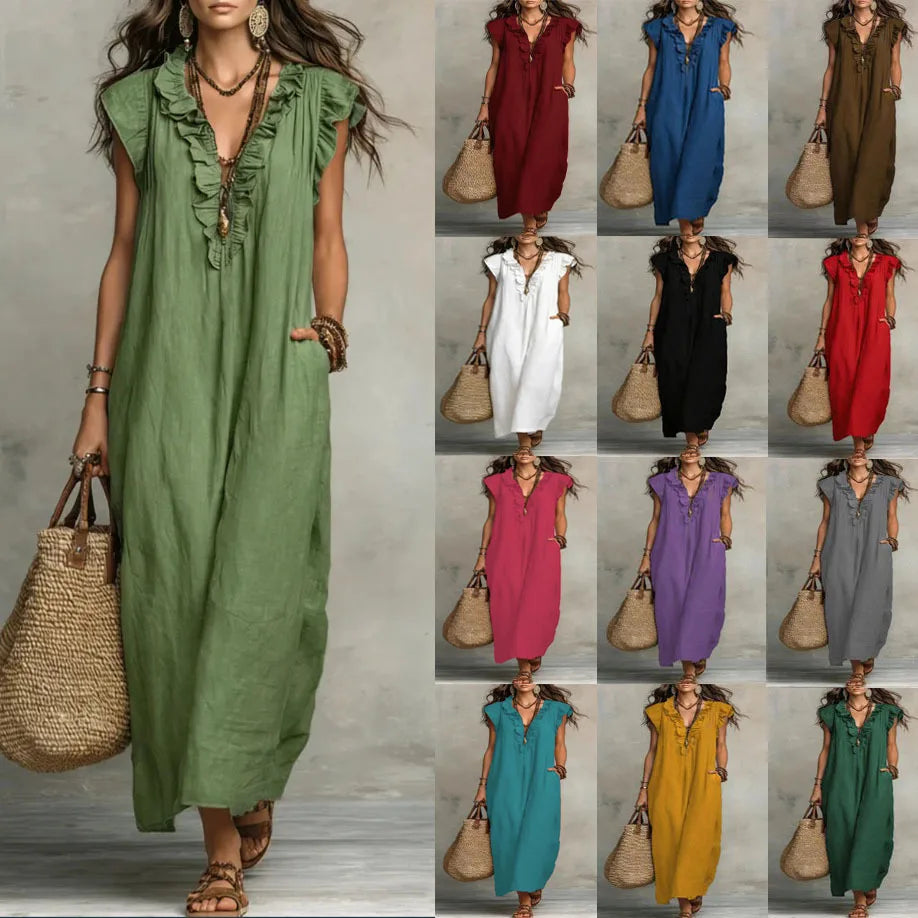 Women Spring Summer Boho Flutter Sleeve Floor Length Maxi Dress Elegant Beach Long Dress