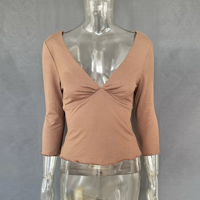 Summer V-Neck Sexy T-Shirts Top Women Solid Patchwork Casual Solid Slim Commute Y2k Top Pullover Female Backless Tee Top 2026